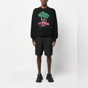 Palm Angels Black Crewneck Sweatshirt Flamingo and Palm Graphic